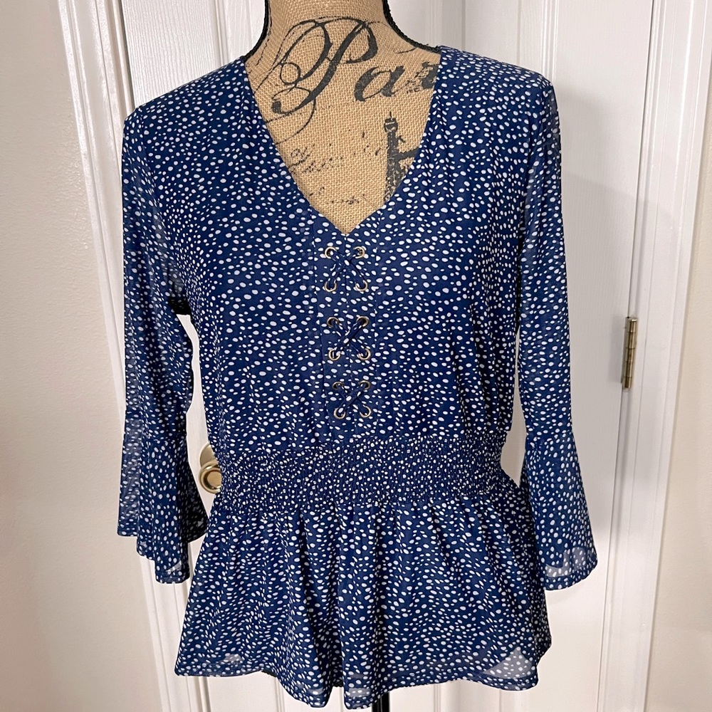 Ember navy blue polka dot polyester blouse, large